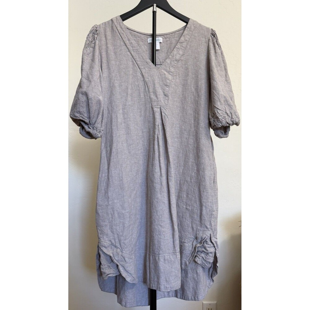 Cynthia Rowley XL Taupe Linen/Viscose Puff Sleeve V-Neck Shift Dress Lagenlook